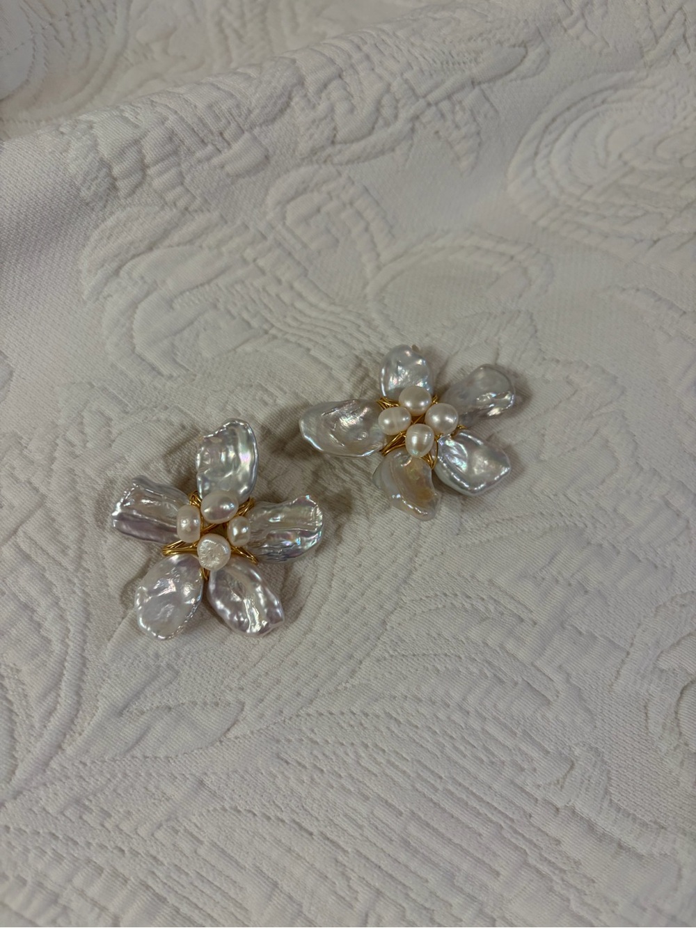 Pearl Flower Cluster Earrings - Iridescent White